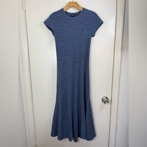 Polo RALPH LAUREN Womens LARGE Maxi DRESS Waffle Knit SHORT SLEEVE Blue SP